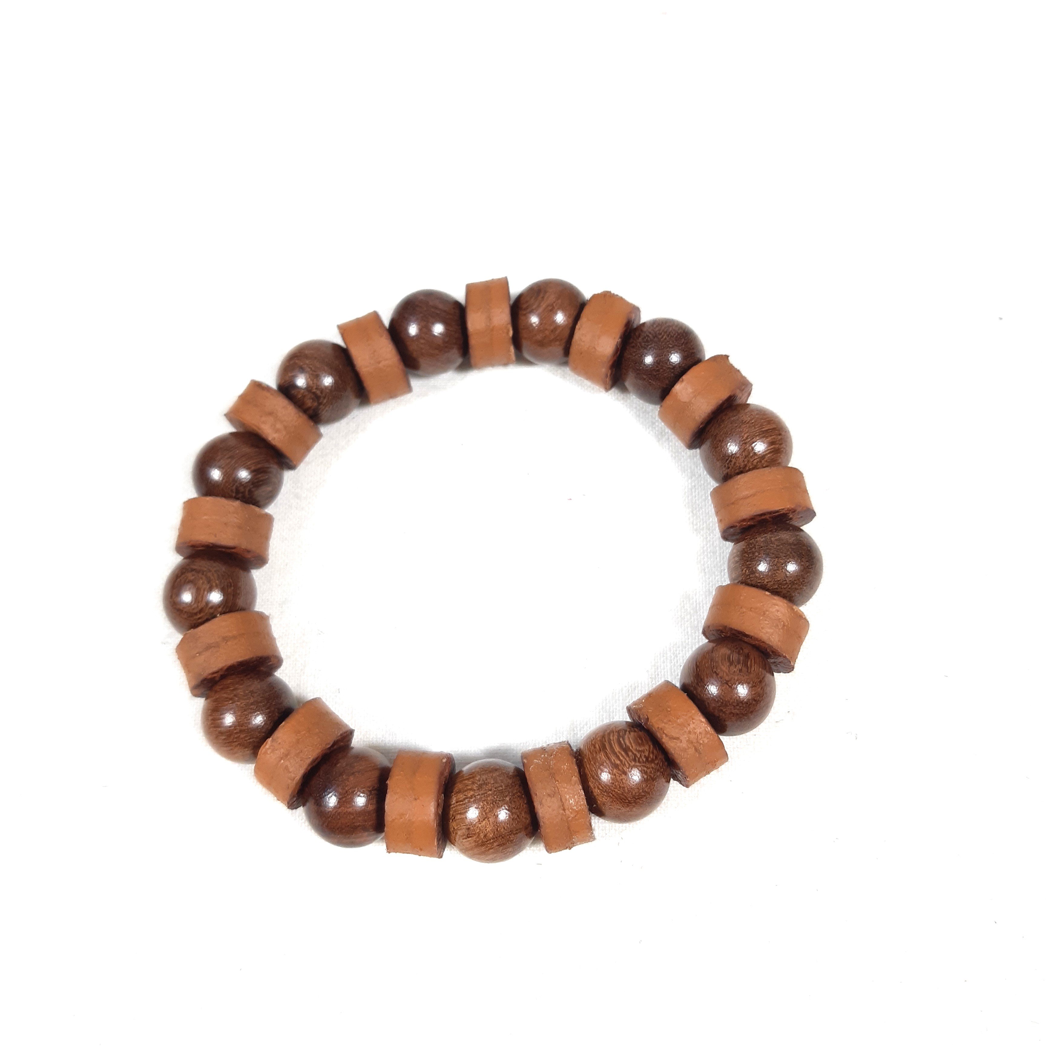 Bracelet extensible cuir et bois de santal